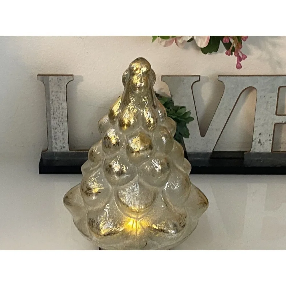 Pottery Barn Vintage Lighted Mercury Glass Christmas‎ Tree Gold Silver 7